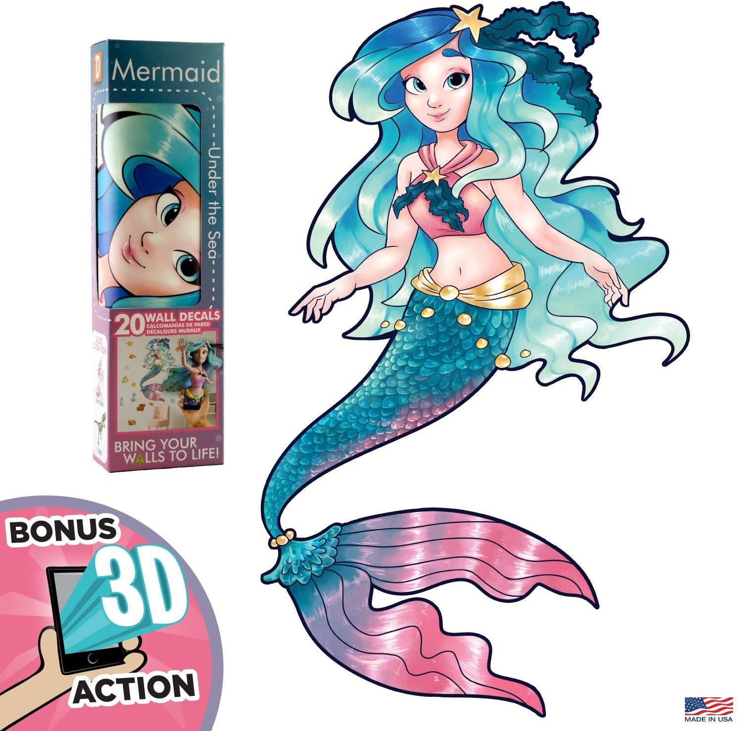 Wall Palz Mermaid Wall Decals - Mermaid Room Decor with 3D Augmented Reality Interaction - 27" Mermaid Wall Decor
