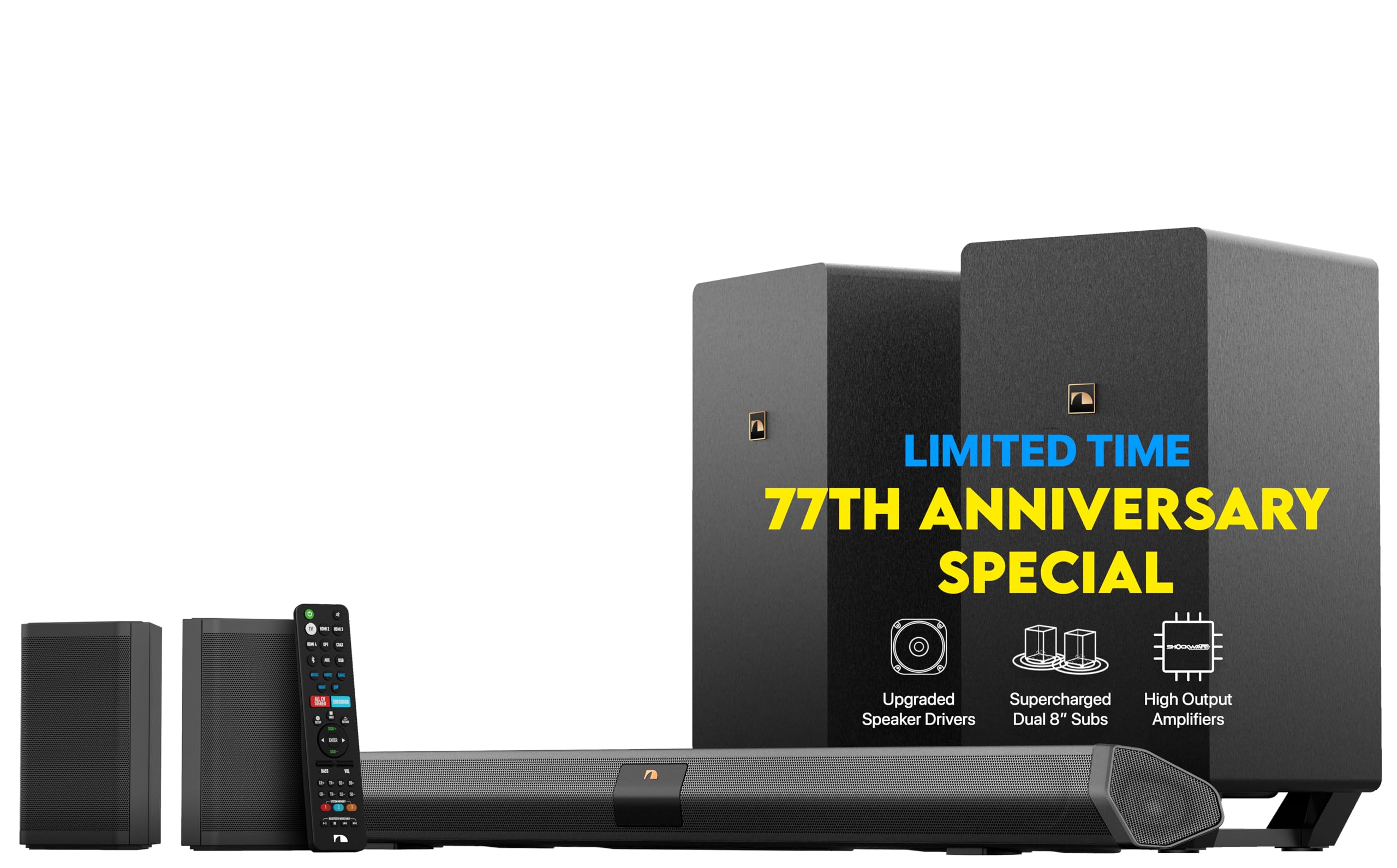 Nakamichi Shockwafe Elite Bluetooth Barra de sonido Dolby Atmos/DTS:X de 7.2.4 canales con subwoofers duales de 8 (inalámbricos), 2 parlantes envolventes traseros, tecnología eARC y SSE Max, negro