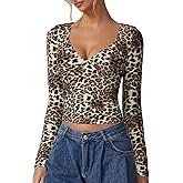 QINSEN Women's Long Sleeve V Neck T Shirts Double Lined Crop Top Seamed Cup Going Out Tops