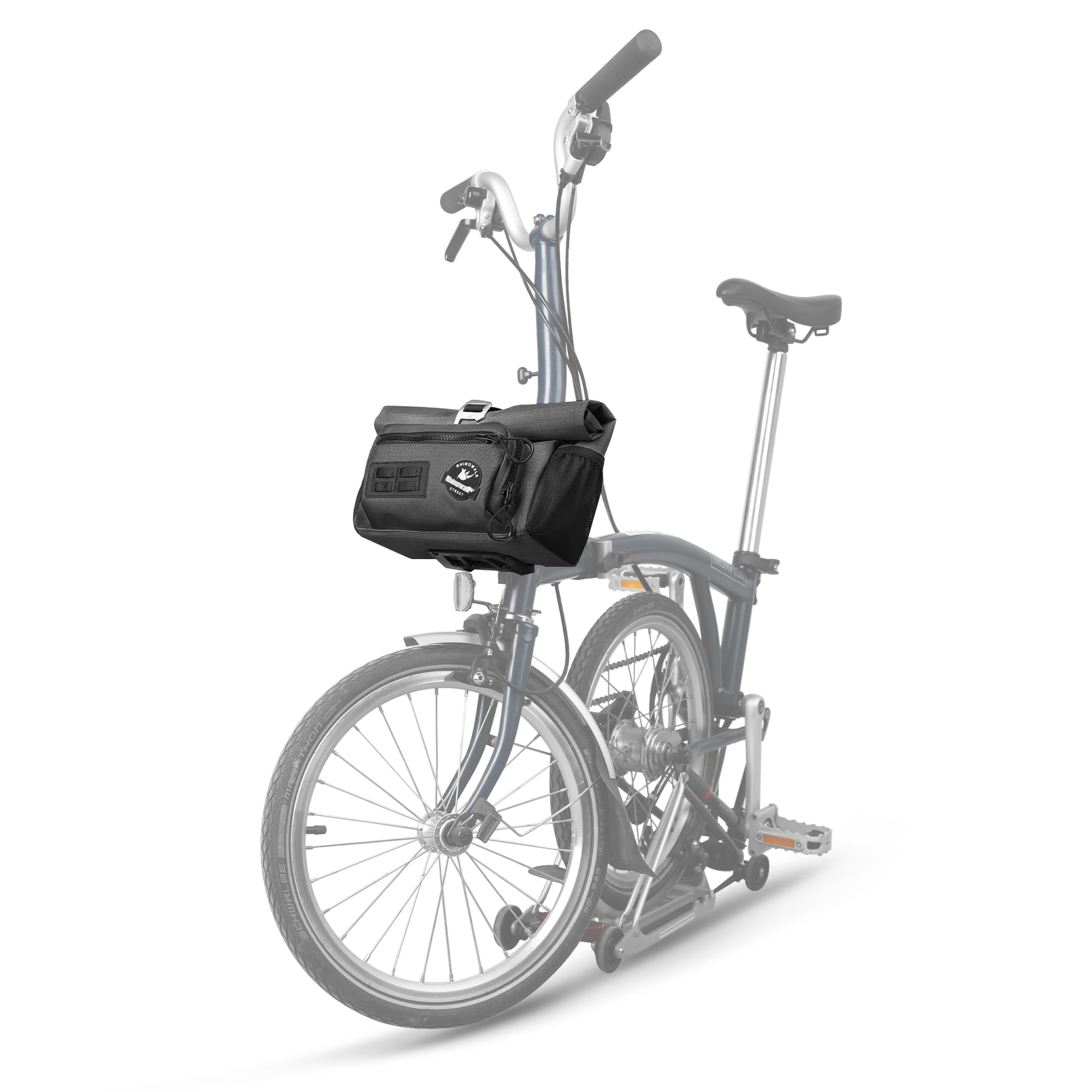 Photo 1 of Rhinowalk Urban Cycling Front Bag for Brompton, 4L Roll-Top Bike Front Bag with Quick-Release Mount, Convertible Shoulder Bag, Bicycle Storage Bag with Rain Cover(Black)