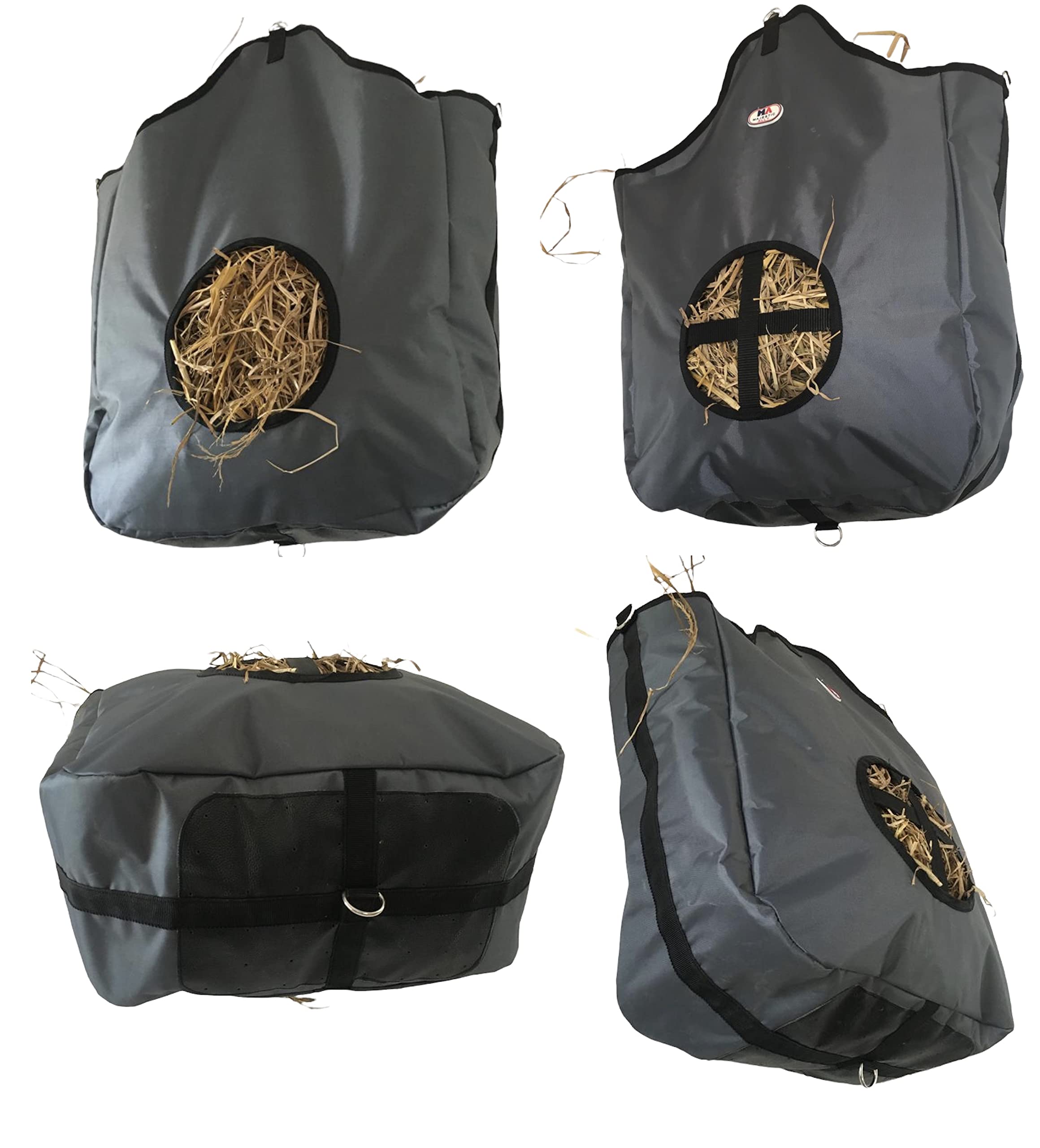 Majestic Ally Nylon Hay Feeder Tote Bag for Horse, Goat, Sheep - Double Sides Open Feed Hole with Faux Leather Ventilated Bottom- Premium Quality -Simulates Grazing - Reduces Waste (Dark Gray)