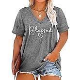 Plus Size Blessed Shirts Women V Neck T Shirts Short Sleeve Tshirts Summer Tops