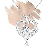 Elensan Sterling Silver Trendy Love Heart Pendant Necklace Dainty Heart with Moon CZ White Gold Plated Hypoallergenic Jewelry Fashion Chain Charms Birthday Gift for Women