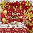 Red and Gold Birthday Decorations for Women Men Girls Boys, 72pcs Red and Gold Party Decorations Happy Birthday Backdrop Burgundy Confetti Star Balloon Arch Table Cloth Party Supplies