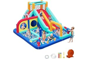 FINCOME Inflatable Water Slide, Double Lane Water Slides Bounce House with 4 Splash Pools, Climbling Wall, Water Cannons, Punching Bag, Kids Inflatable Water Park with 450W Blower for Outdoor,Blue