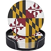 6 Pack Maryland State Flag Leather Coaster with Holder for Drinks- Heat Resistant Non-Slip National Flag Funny Coasters for Wooden Table Coffee Bar Kitchen Decor Housewarming, Set of 6