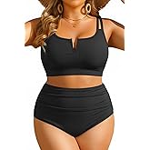 Women Plus Size High Waisted Bikini - Ribbed Two Piece Swimsuit Tummy Control Bathing Suit V-Wired 2025 Swimwear