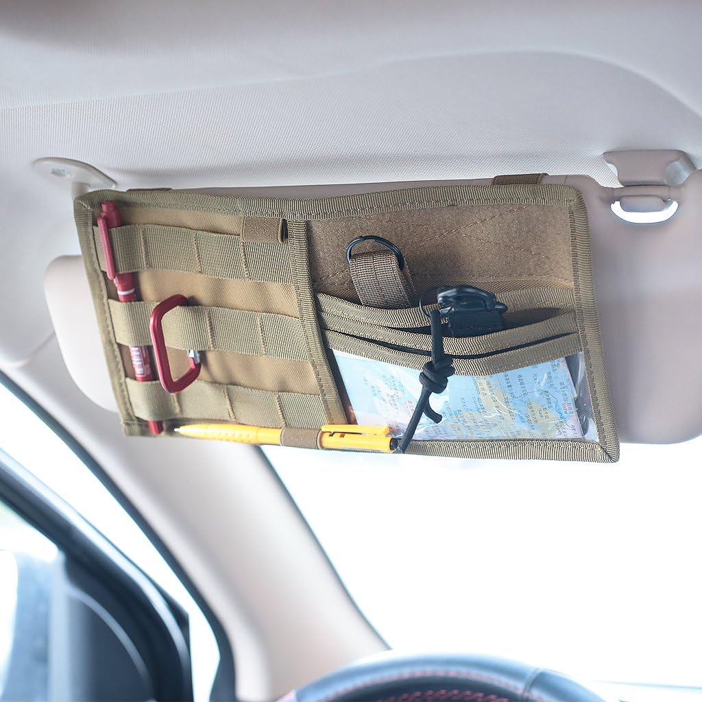 Tactical MOLLE Vehicle Visor Panel Truck Car Sun Visor Organizer Holder Pouch Sunshade Storage Bag Fits Most Vehicles (Tan)