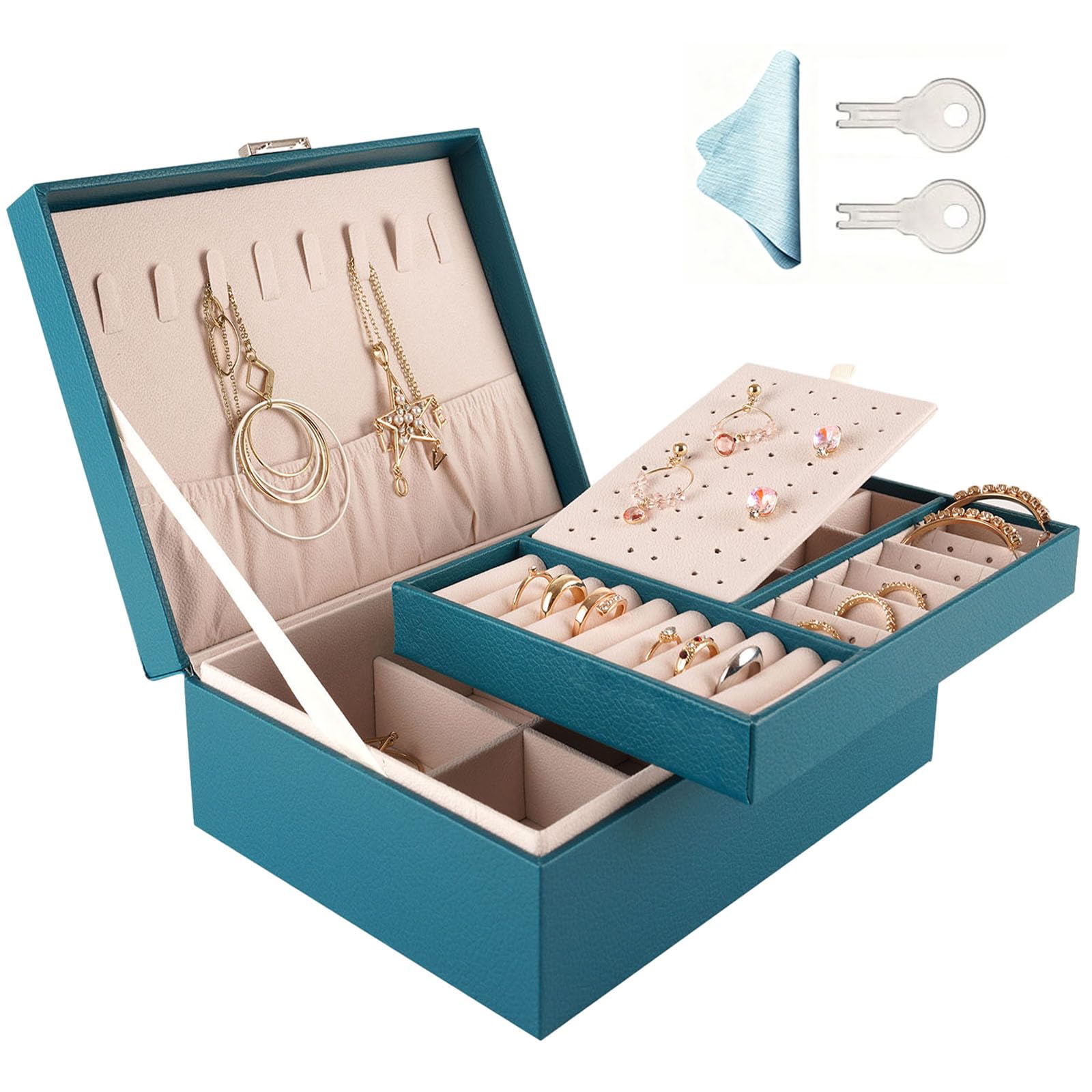 LeeFyy Gifts for Her - Jewellery Box, 2 Layer PU Leather Jewellery Organiser with Key, Jewelry Box for Women, Jewellery Storage Organiser for Necklace Earrings Bracelet Ring Accessories