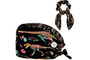 FVQL Scrub Caps Women, Adjustable Surgical Cap with Button & Sweatband, Dinosaur Skeleton, Nurse Hat with Hair Scrunchy