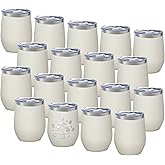 YOUKE OLA 18 Pack Stainless Steel Wine Tumbler with lid, 12oz Insulated Powder Coated Wine Tumbler Stemless Double Wall Vacuum Wine Glass Coffee Tumbler Bulk for Laser Engrave, DIY Gift, Cream White