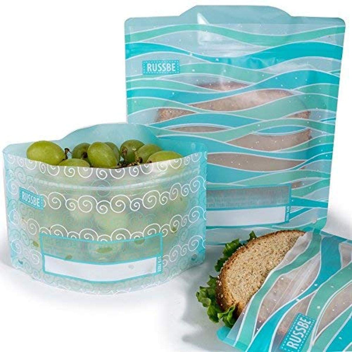 RUSSBE 18587 Waves Reusable Snack & Sandwich Bags (Set of 4), Plastic, Turquoise