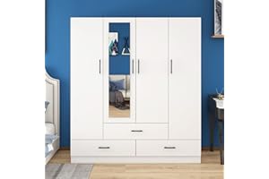 TrendTerrace Wooden Wardrobe Closet Armoire: White Closet Organizers and High Storage Capacity 4-Door, 3 Drawers, Shelves Mirror Hanging Rod for Bedroom