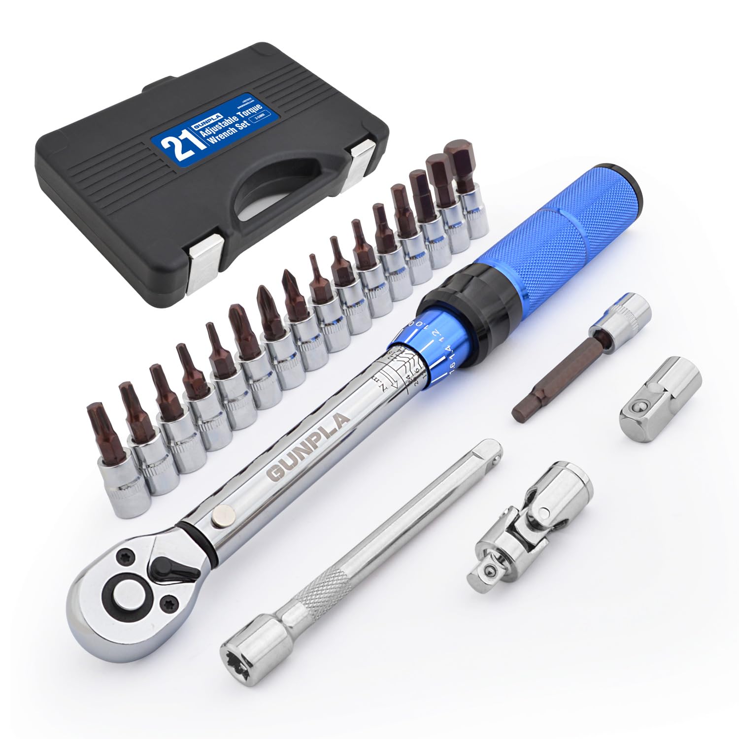 Gunpla 1/4" Drive Torque Wrench Set 21-Pieces Click Dual-Direction Adjustable with Extension Bar Maintenance Kit, Hex Torx Phillips Bits Sockets, 2-24NM Bicycle Repair Sets, 72 Tooth Ratchet Tool