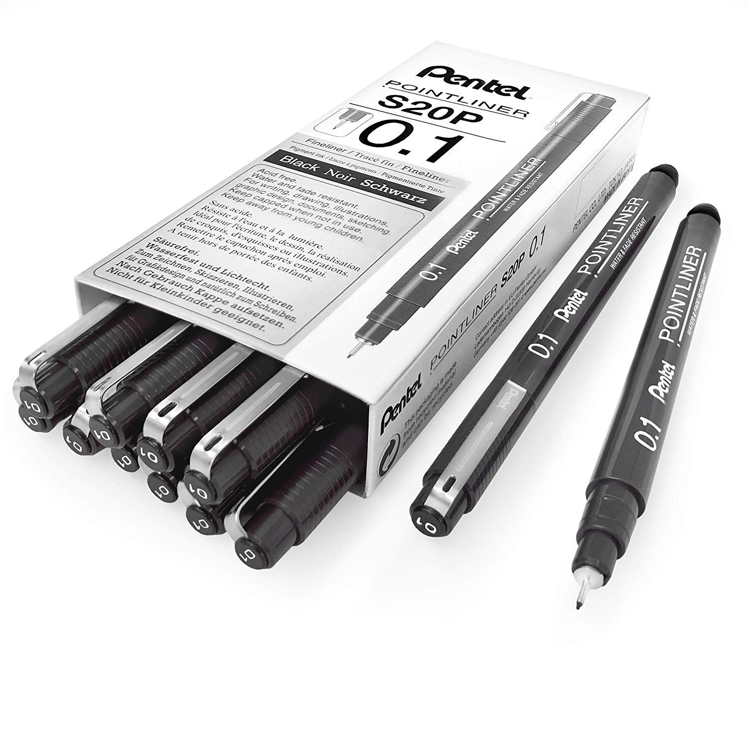 Pentel Arts Pointliner, 0.1mm Tip, Black Pigment ink, Pack of 12 pens