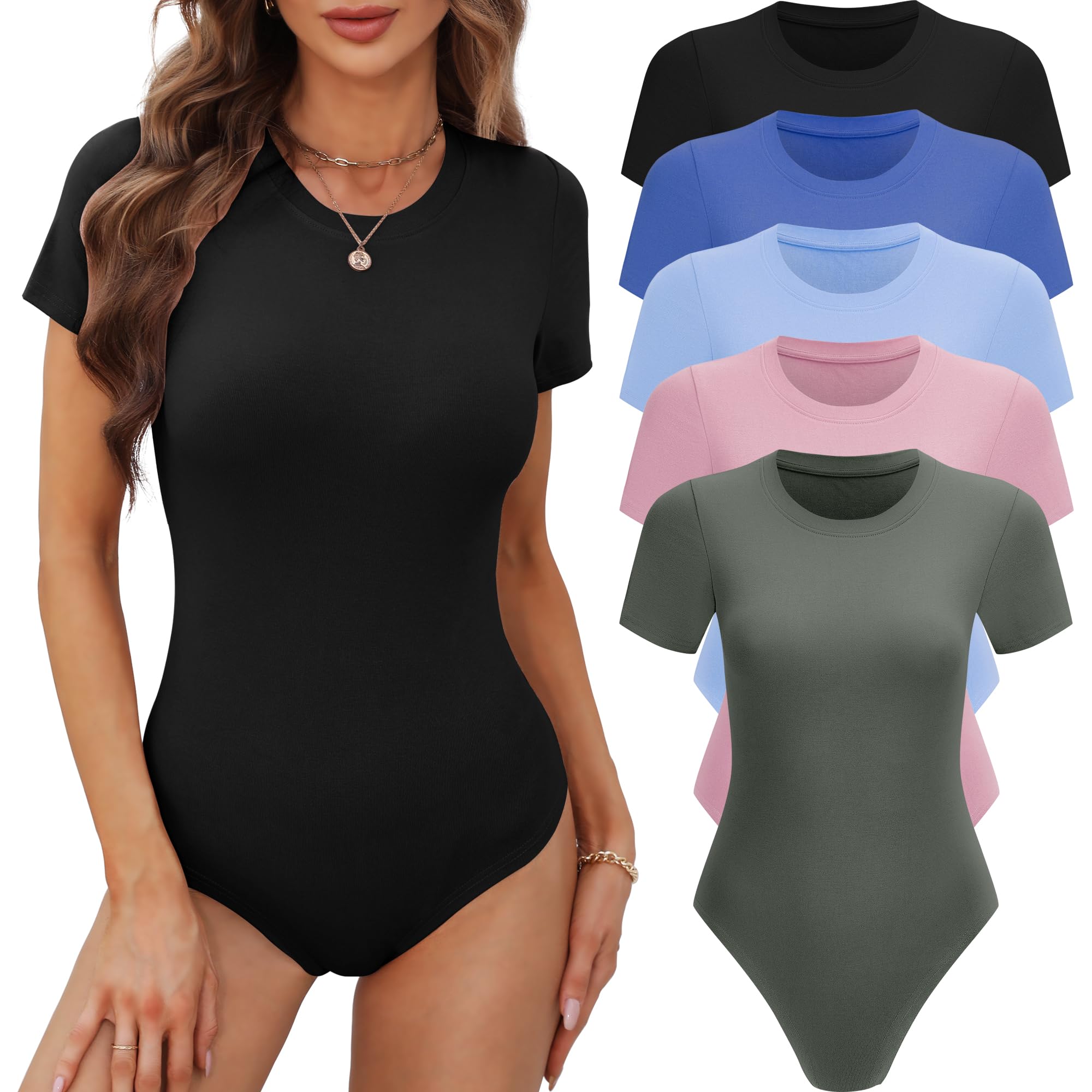 Photo 1 of BALENNZ Women's 5 Pack Short Sleeve Round Neck Bodysuit Tops Crew Neck Basic Casual Tshirt Bodysuits Meduim
