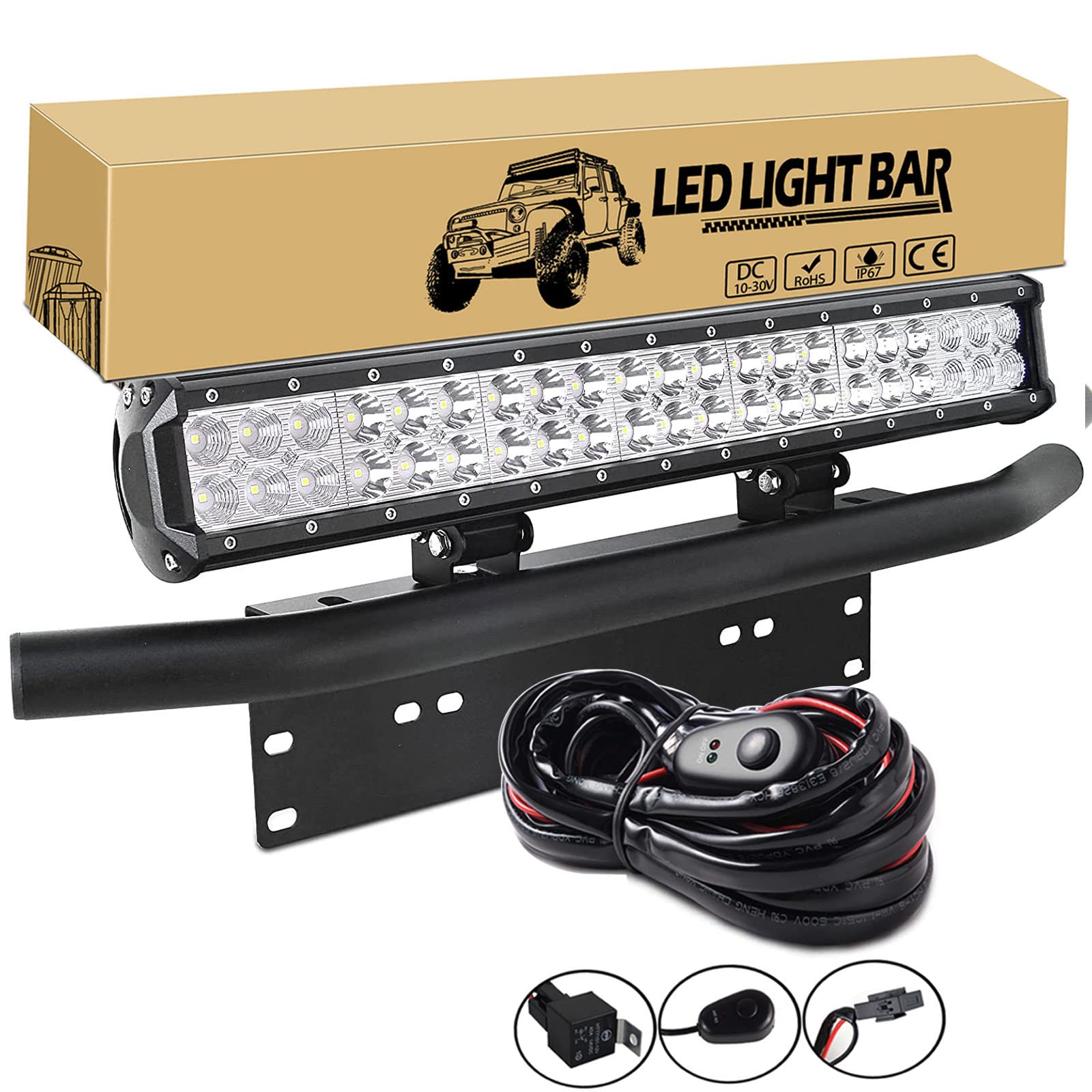 Willpower 126W 20 Inch LED Light Bar + 23 Inch License Plate Holder Universal Aluminum + Wiring Harness Kit Mount Bull Bar Front Bumper Number Plate Frame for Off Road Work Light
