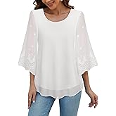 VAFOLY Women's Blouses Bell Sleeve Double Layers Casual Round Neck Embroidered Elegant Chiffon Tunic Top