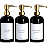 Luxury Shampoo and Conditioner Dispenser Set of 3 - Modern Refillable Shower Soap Bottles with Stainless Steel Pump, Body Wash Dispensers for Bathroom Decor Upgrade (Black Bottles+Gold Pump)