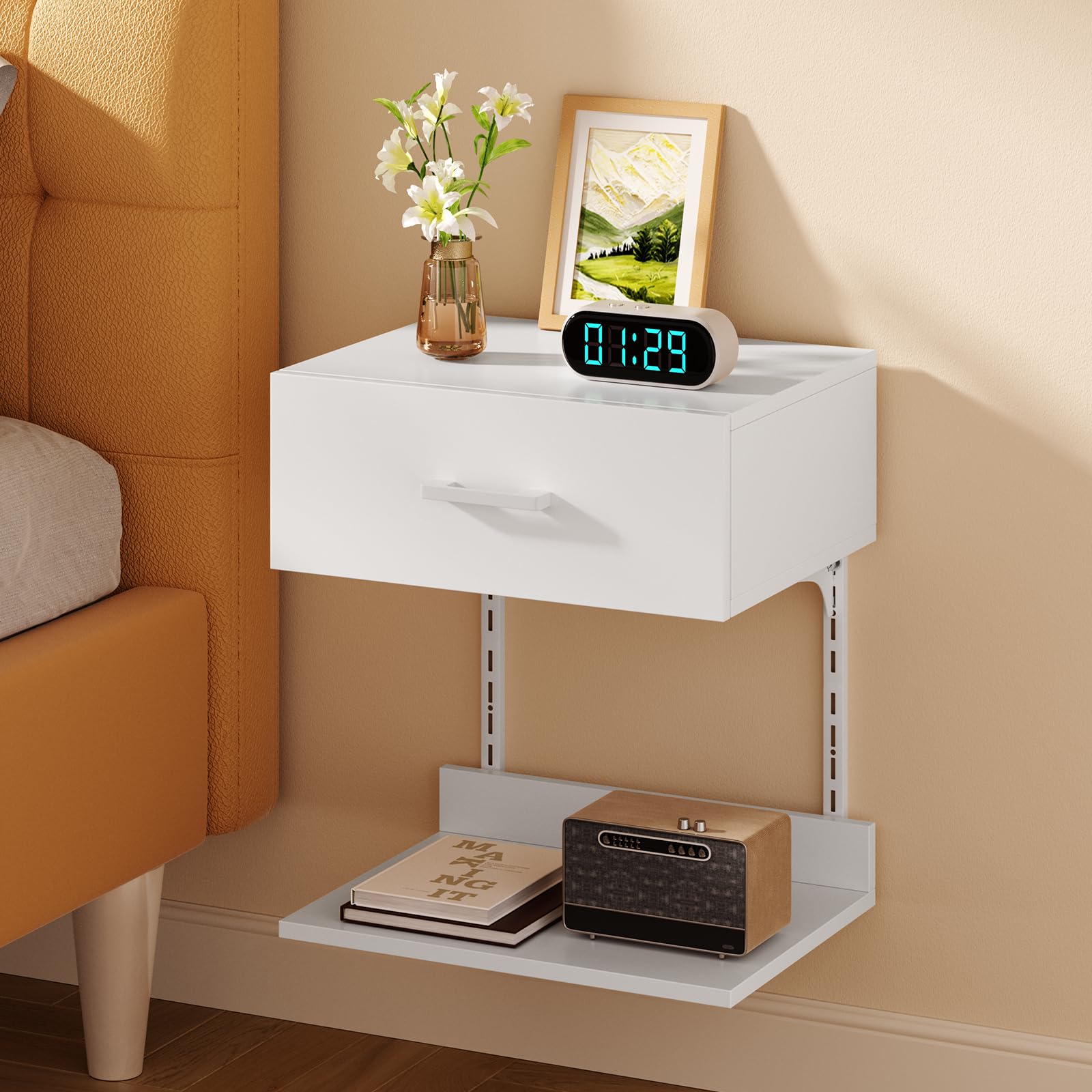 Photo 1 of Asgolion Floating Nightstand with Drawer, Modern Wall Mounted Nightstand, Floating Bedside End Table with Adjustable Shelf, Floating Night Stand, for Bedroom, Small Spaces, Bathroom, White