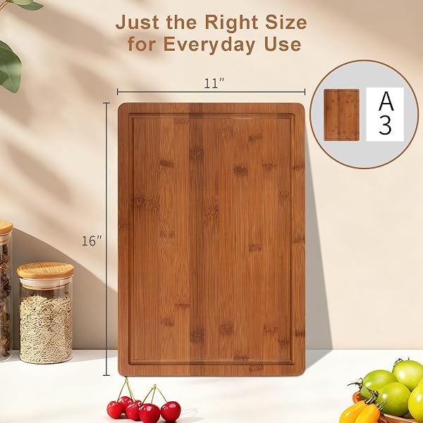 TAFOPUE BAMBOO CUTTING BOARD, LARGE KITCHEN CHOPPING BOARD WITH DEEP JUICE GROOVE & BUILT-IN HANDLE, REVERSIBLE WOODEN CHARCUTERIE BOARD AND SERVING TRAY FOR MEAT, BREAD, FRUIT, DAILY USE, 16×11×0.6”