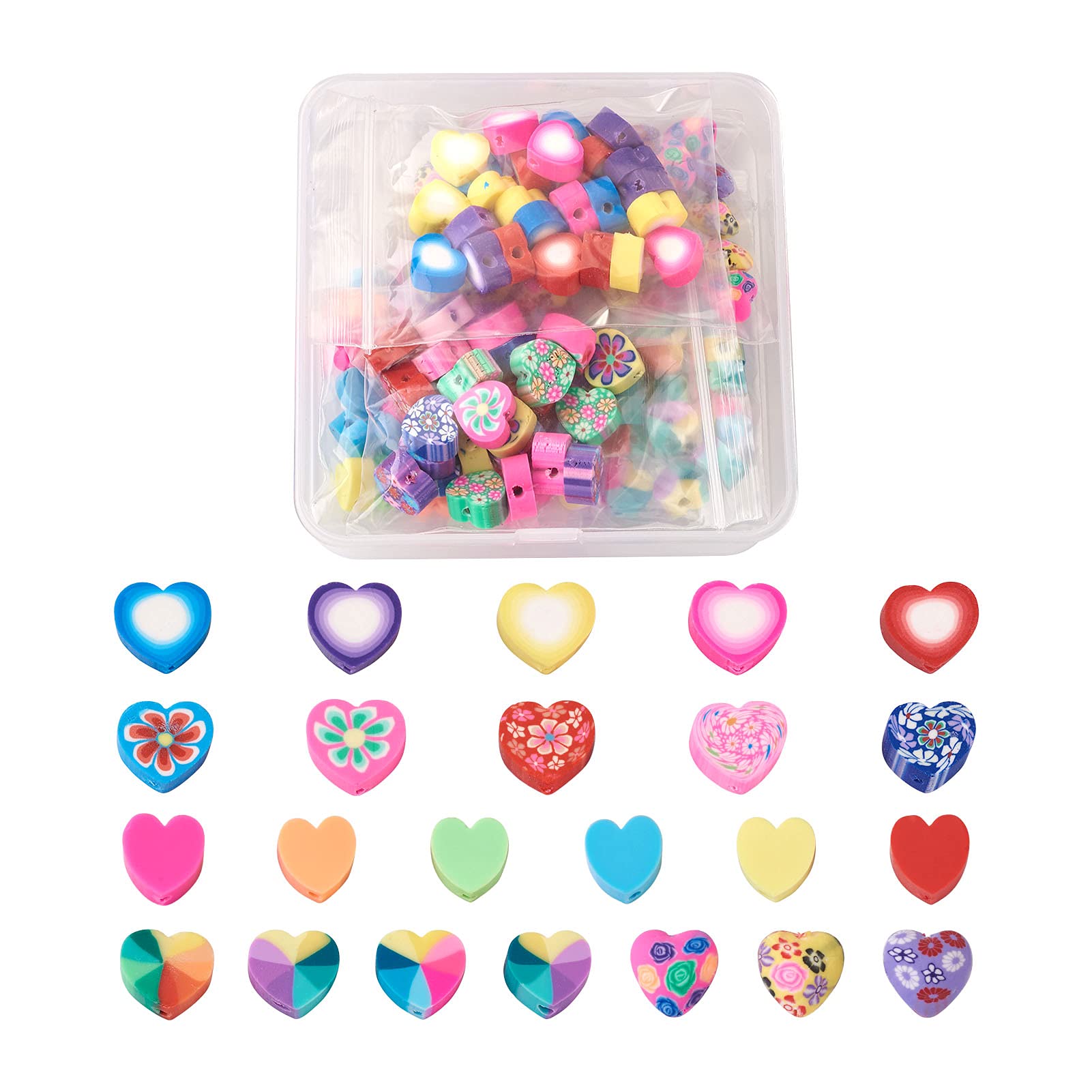 Beadthoven 150pcs Polymer Clay Beads 5 Styles Colorful Handmade Heart Loose Spacer Beads for Bracelet Jewelry Making, Hole: 1.2-2mm