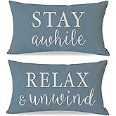 PANDICORN Decorative Throw Pillow Covers 12x20 Inch Set of 2 Stay Awhile Relax & Unwind Dusty Blue Outdoor Nautical Patio Porch Decorations Lumbar Cushion Cases for Home Living Room Sofa Couch Decor