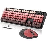 Wireless Keyboard and Mouse, 104 Round Keycaps Retro Typewriter | with OTG &amp; Brush, Full-Size Ergonomic, Ideal for Windows PC, Home, Office and College Black Pink