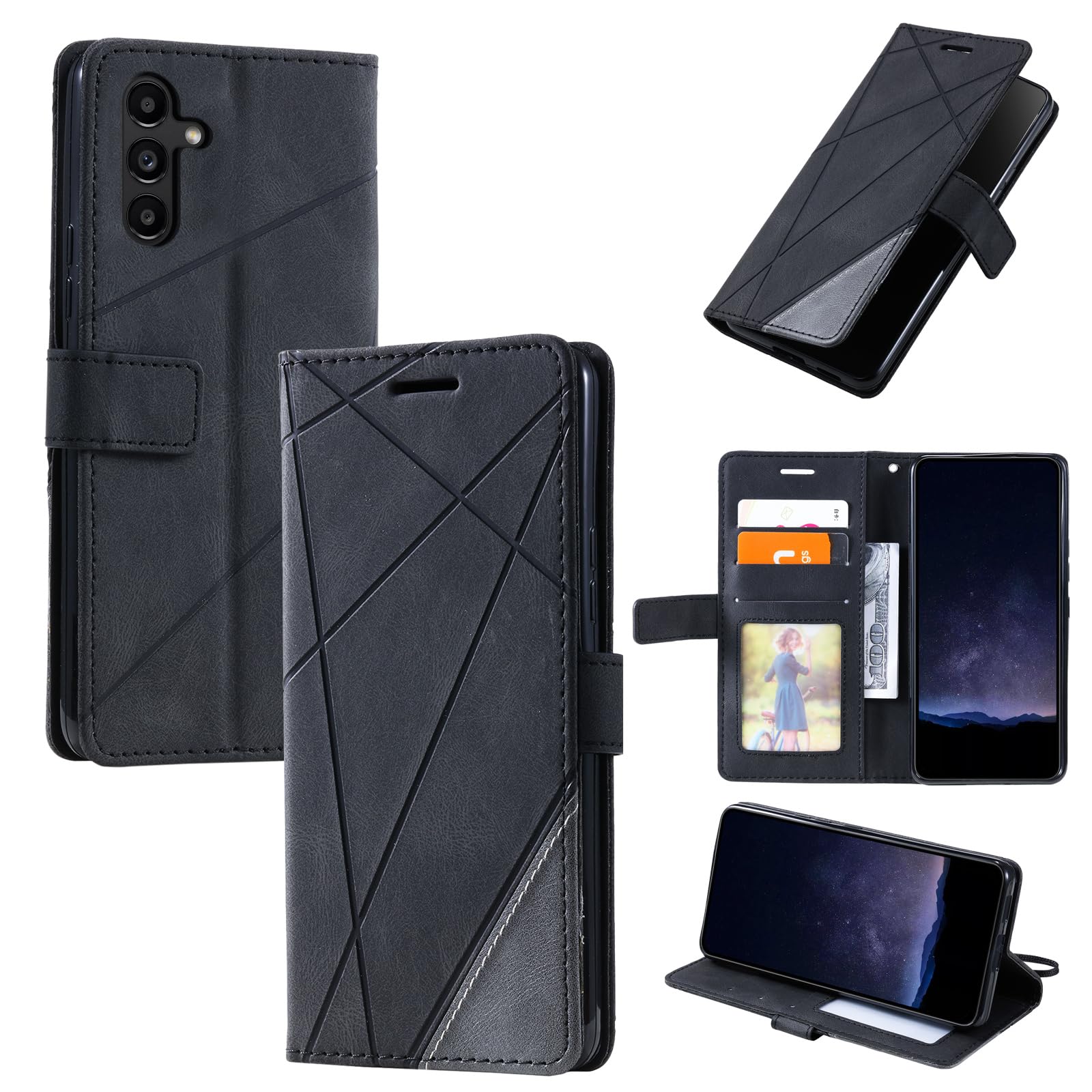 Draamvol for OPPO Reno 12 Case Wallet Shockproof Geometric PU Leather Case with Card Holder Magnetic Clasp Protective Kickstand Bumper Cover for OPPO Reno 12 Phone Case,Black
