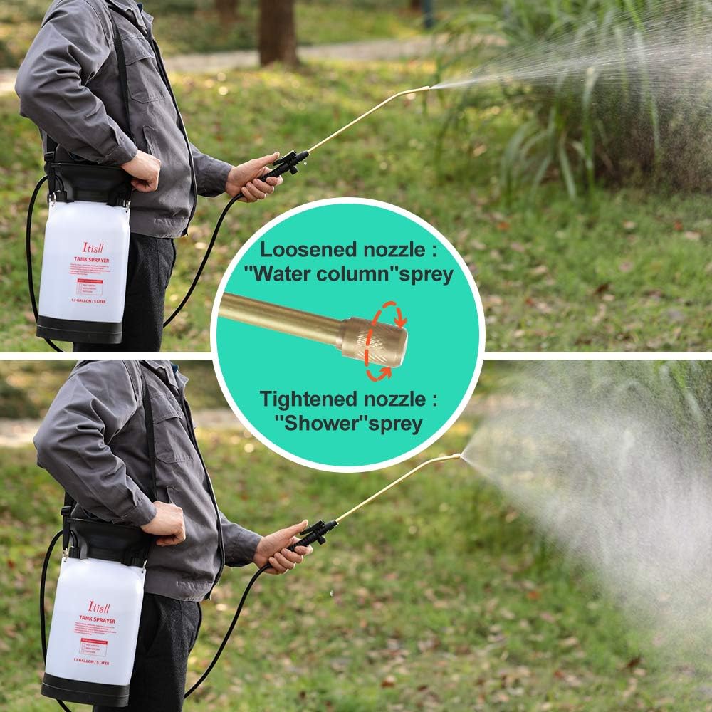 ITISLL 1.3Gallon Garden Pump Sprayer Portable Yard & Lawn Sprayer with Brass Wand and Shoulder Strap for Weeds Plants 5 liters (819NF5) : Garden & Outdoor