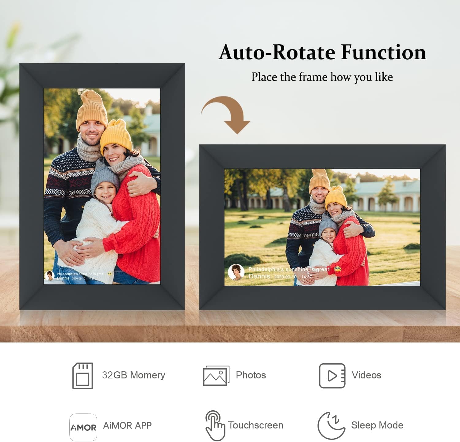 AEEZO 10.1 Inch WiFi Digital Picture Frame, IPS Touch Screen Smart Cloud Photo Frame with 32GB Storage, Easy Setup to Share Photos or Videos via AiMOR APP, Auto-Rotate, Wall Mountable (Black)
