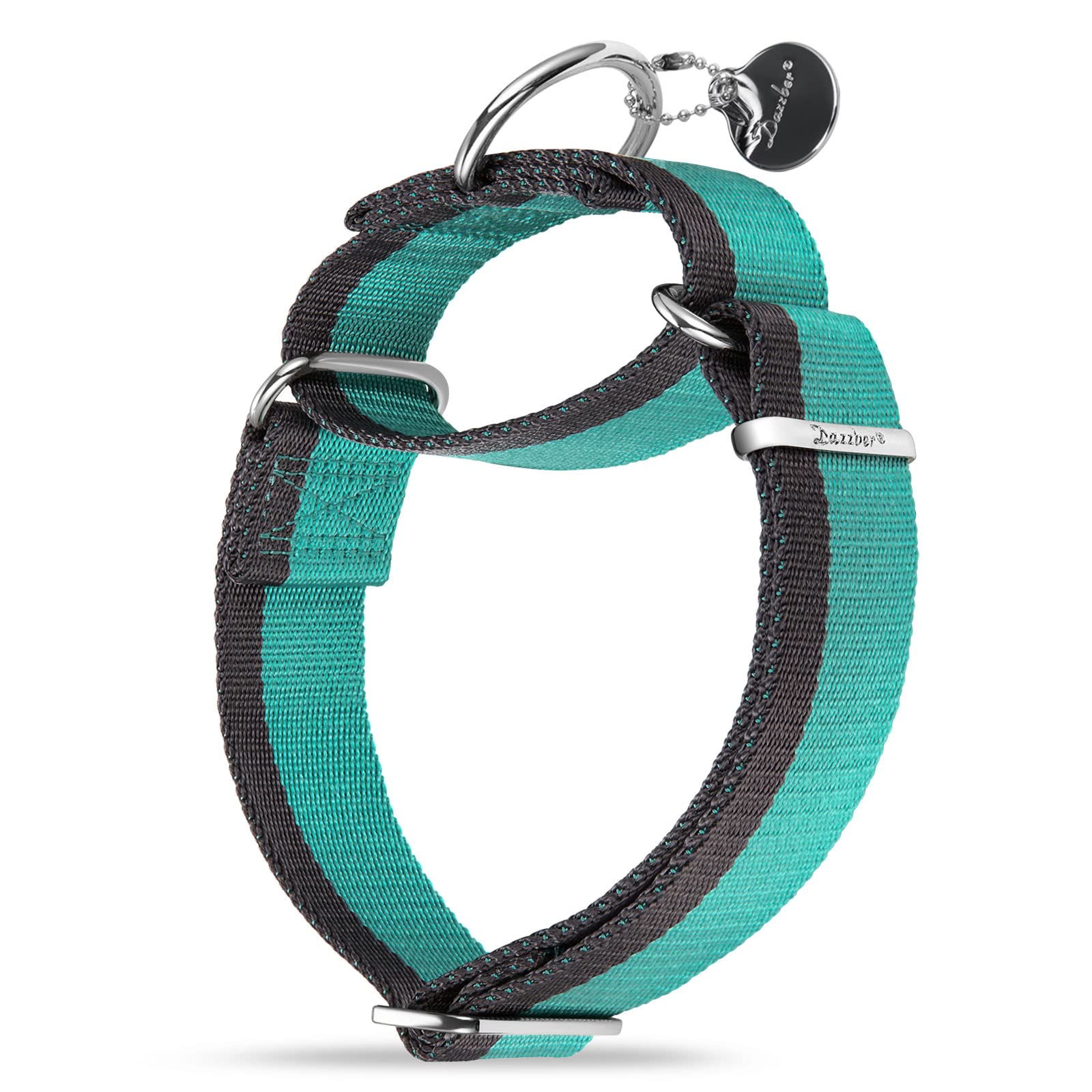 Dazzber Martingale Collar -4cm Width Extra Strong Nylon Dog Collar, No Pull Heavy Duty Dog Collar with 2-Color Stripe for Medium to XLarge Dogs (Mint Blue & Grey, Medium, 1 1/2 Inch Wide)