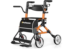 ProTraverse Rollator Walkers for Seniors with Seat, Walker Wheelchair Combo, Lightweight Foldable Walkers for Adults, Rolling Walker All Terrain, 2 in 1 Walker Wheelchair with Cup Holder& Bag,Orange