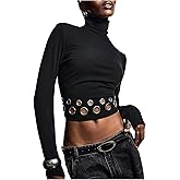 SOLY HUX Women's Y2k Long Sleeve Going Out Tops Turtleneck Crop Shirts Grommet Eyelet Tee Fitted T Shirt Rave Outfits