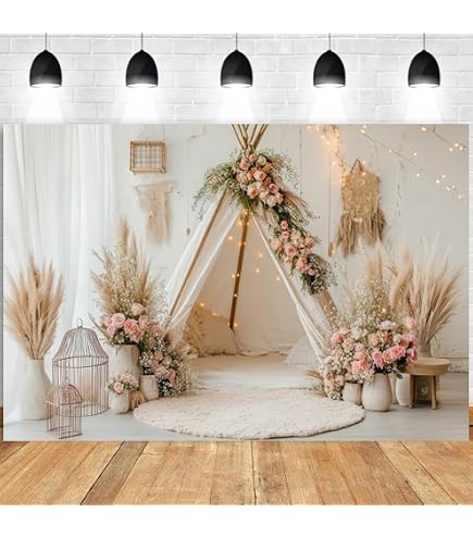 Bohemian Flowers Camp Tent Photography Background Tent Gift Balloon Children 1st Birthday Party Backdrop Bohemian Pampas Grass Party Cake Table Decorations Banner Vinyl (A, 7x5ft) : Electronics