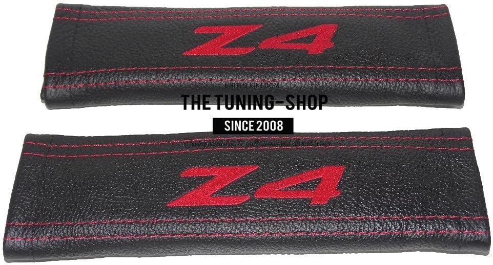 2 x Seat Belt Covers Pads Black Leather "Z4" Red Embroidery for Bmw