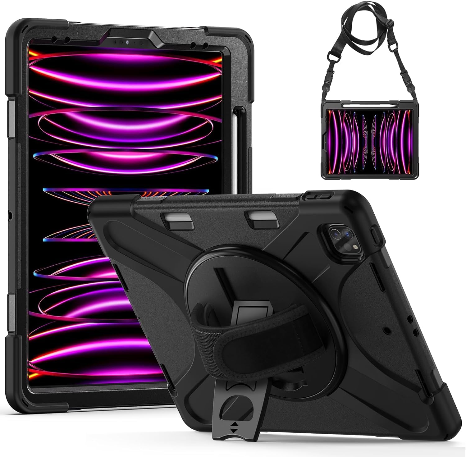 Gerutek for iPad Pro 12.9 Case Shockproof, iPad Pro 12.9 6th/5th/4th/3rd Gen Case Heavy Duty with [360 Rotating Stand/Hand & Shoulder Strap][Pencil Charger Pen Slot] for iPad Pro Cover 12.9, Black