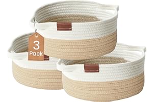 DECOMOMO Woven Storage Basket, Cotton Rope Basket, Storage Baskets for Shelves, Baby Basket (Beige & White, 3 Pack)