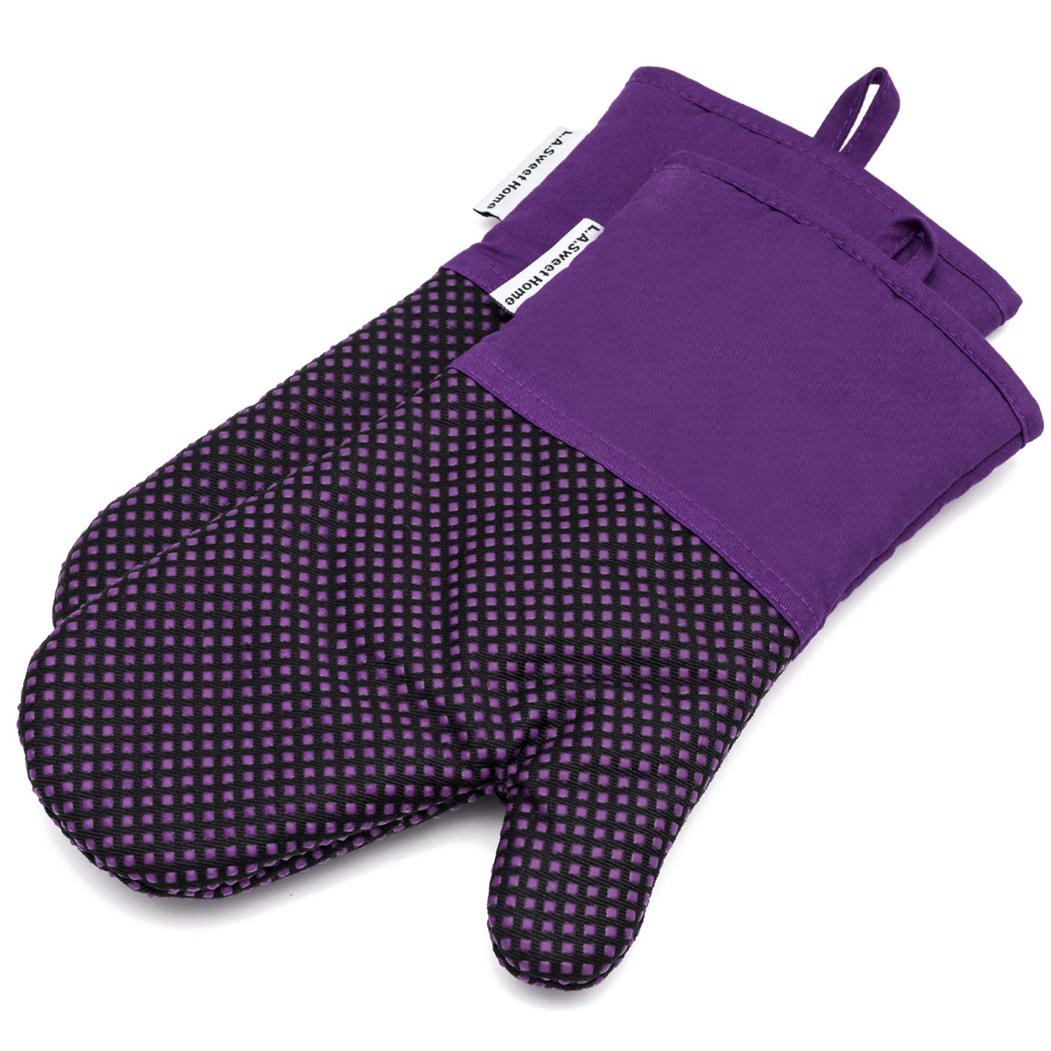 Silicone Oven Mitts 464 F Heat Resistant Potholders Dot Pattern Cooking Gloves Non-Slip Grip for Kitchen Oven BBQ Grill Cooking Baking 7x13 inch as Christmas Gift 1 pair (Purple) LA Sweet Home