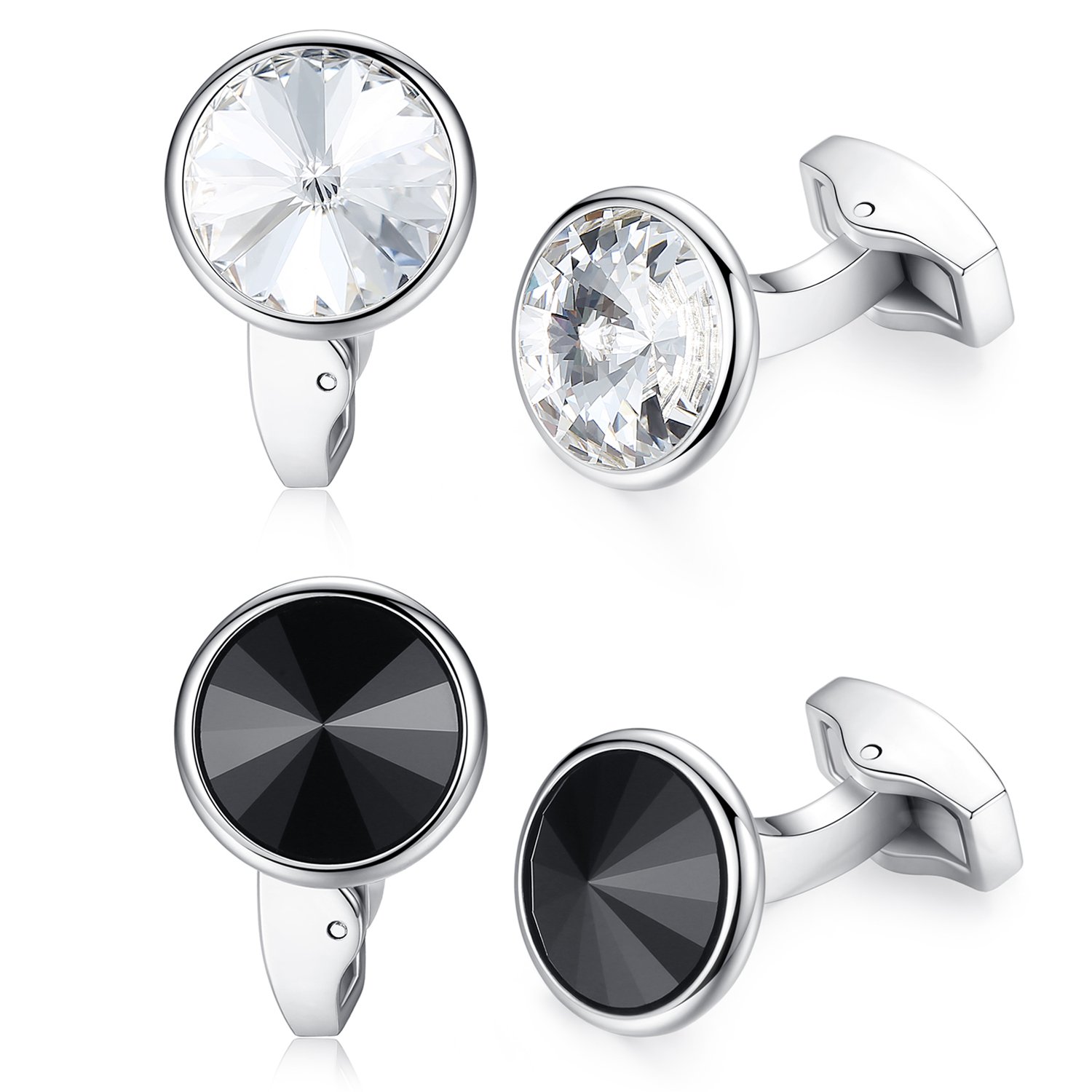 HONEY BEAR Round Crystal Cufflinks Set - Stainless Steel for Men's Shirt Wedding Business Gift (without box)