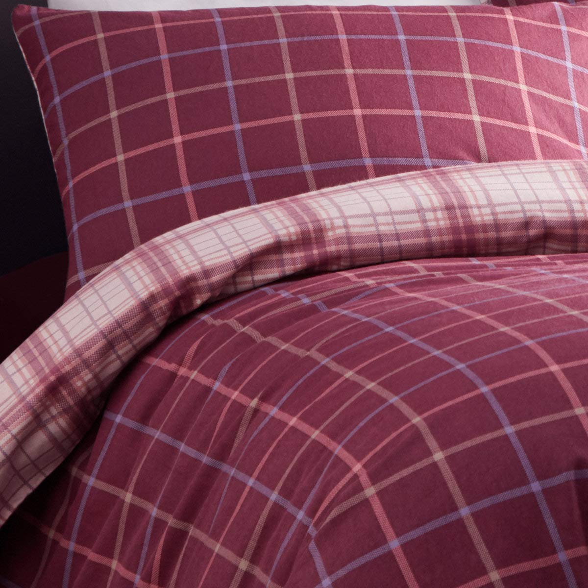 Portfolio Iona Modern Checked 100% Brushed Cotton Flannelette Duvet Cover Set Reversible Bedding, Plum, Super King