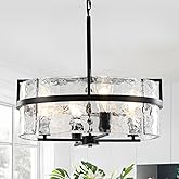 DWLGIGH Black Drum Chandelier,19.7" Modern Water Ripple Glass Chandeliers Over Table 4-Light Large Round Hanging Pendant Ligh
