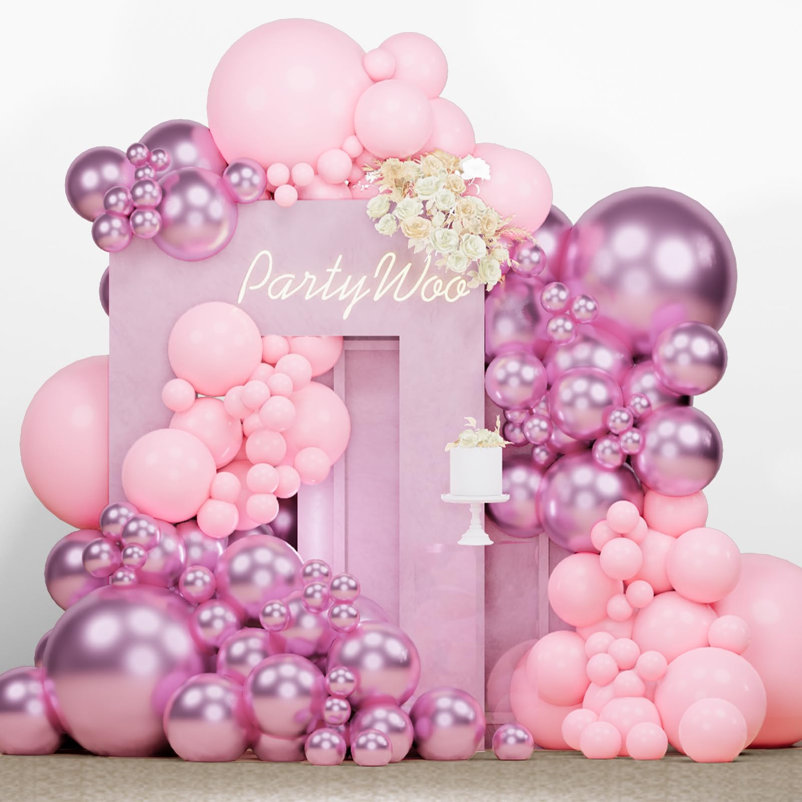 Photo 1 of PartyWoo Pink Balloons 140 pcs Different Sizes Pack of 18 12 10 5 Inch Light Pastel and Metallic Pink Balloon Arch Kit Garland For Birthday Baby Shower Wedding Party Decorations Pink-Q05 and Pink-G108