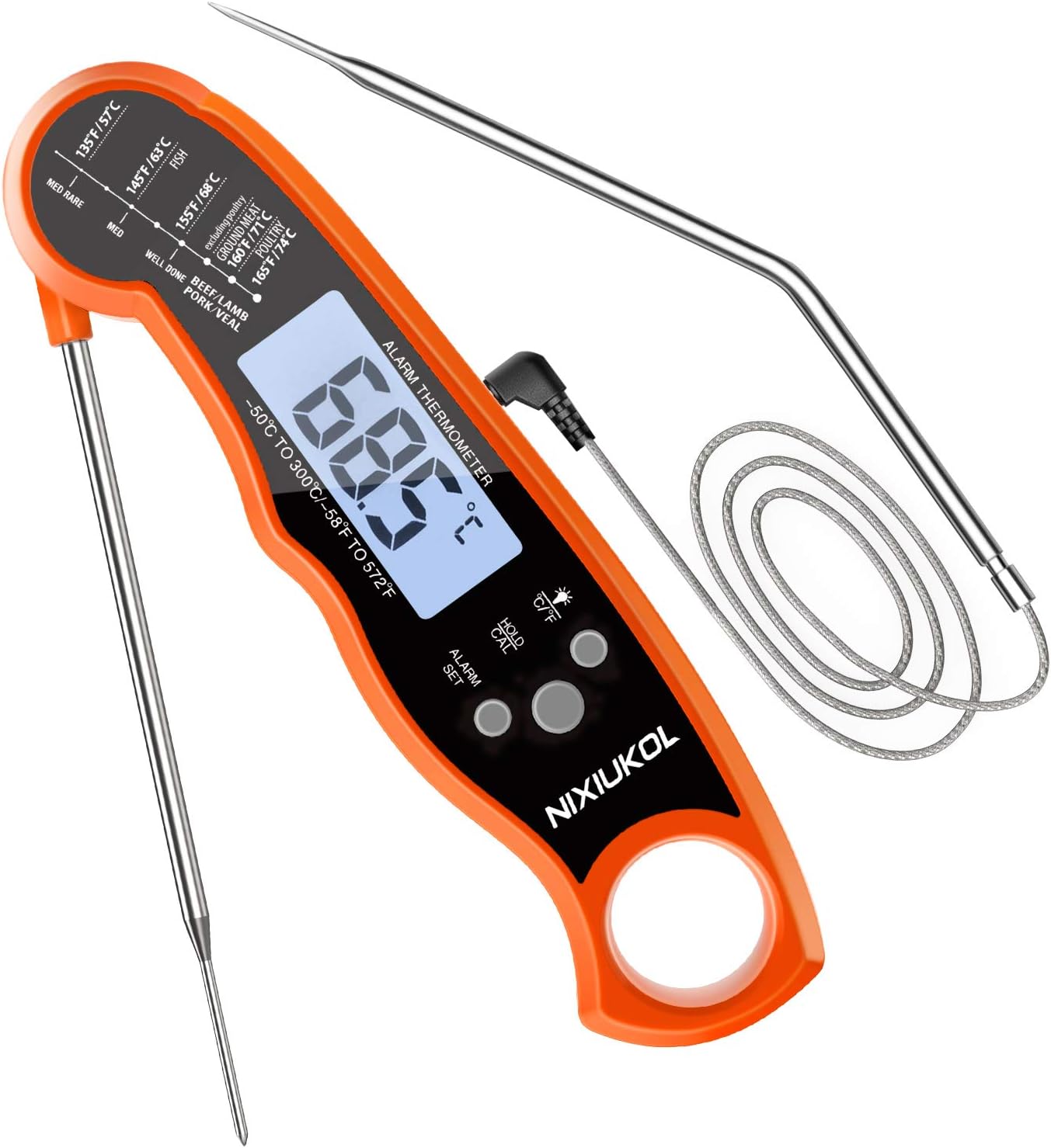 NIXIUKOL Digital Fleischthermometer Instant Read Grillthermometer Küchenthermometer | LCD Bratenthermometer Haushaltsthermometer mit 2 Edelstahlsonden & Langem Draht & Magnet