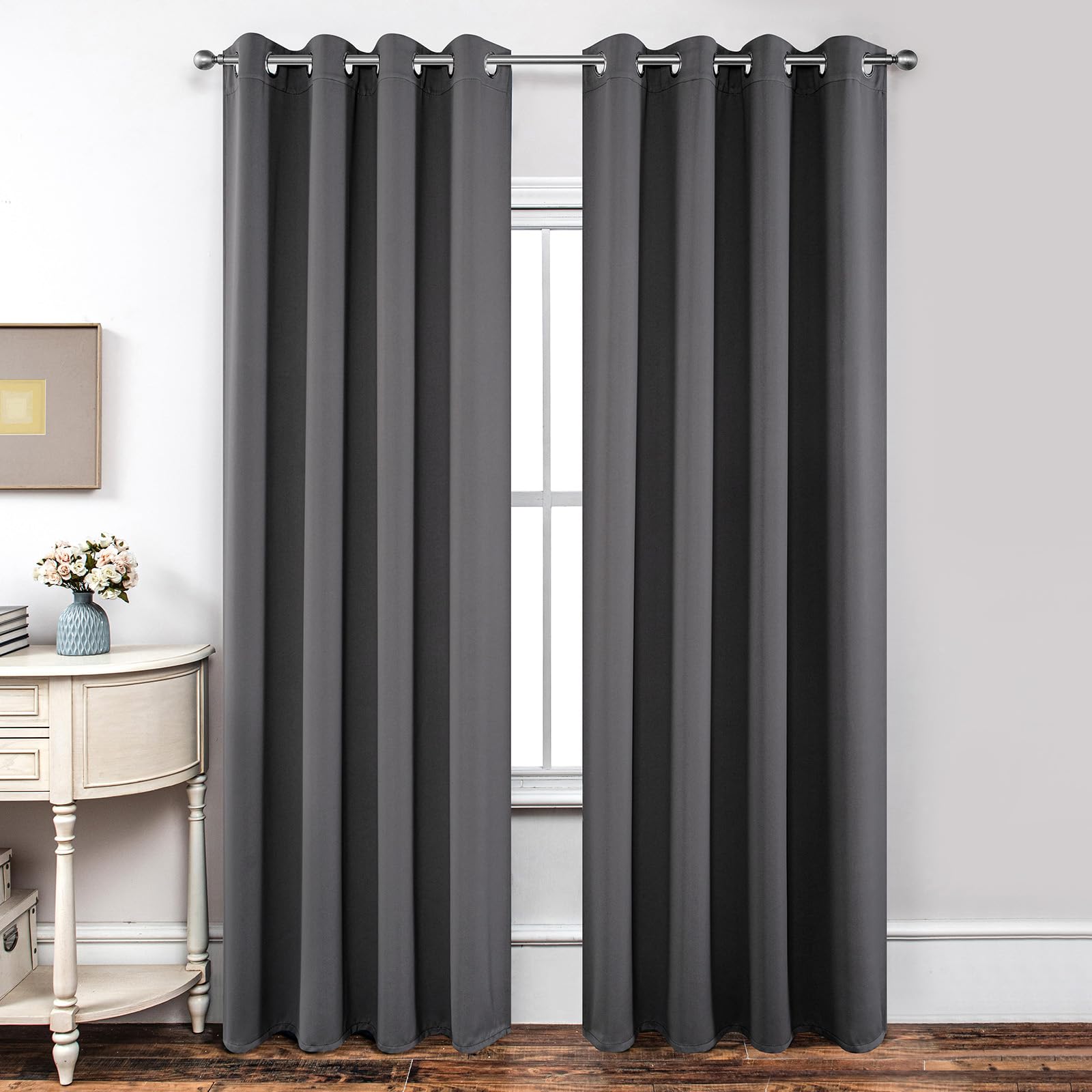 Joydeco Blackout Curtains for Bedroom 66 x 90 Inch, Eyelet Thermal Insulated Energy-saving Drapes for Room Darkening Light Filtering, Long Window Treatments 90 Inch Drop, 2 Panels - Dark Grey