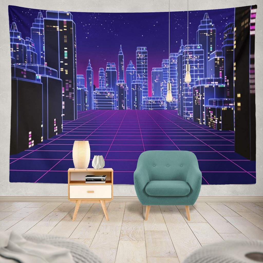 Summor Tapestry Retro Futuristic Skyscraper City Digital Landscape World Music Album Hanging Tapestries 60 X 80 Inch Wall Hanging Decor for Bedroom Livingroom Dorm