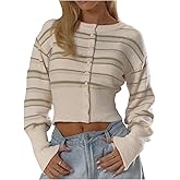 SHENHE Women's Y2k Striped Button Up Cropped Sweater Cardigan Crew Neck Slim Fit Knitwear