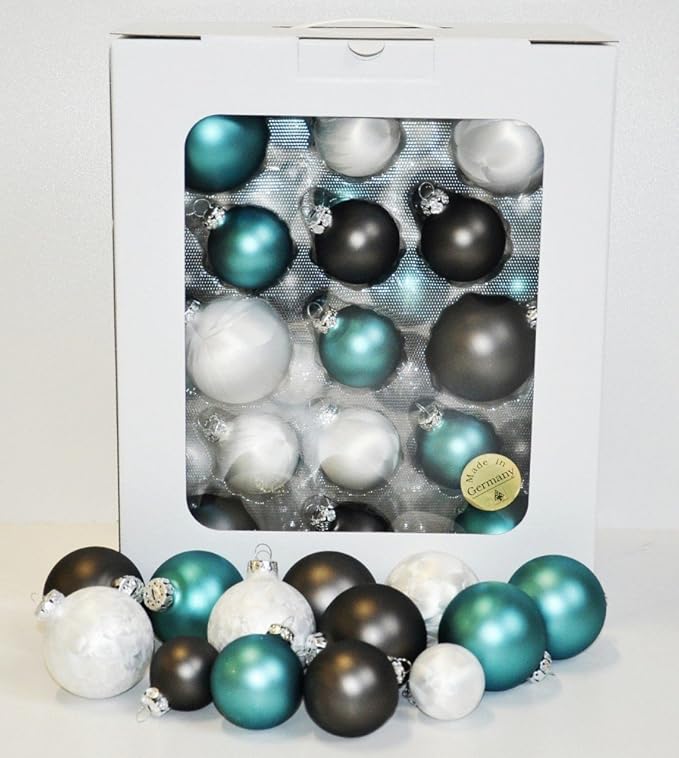 Thüringer Glasdesign JACK 59x Glas Christbaumkugeln 4 5 6 7 cm teilw. Eislack Weiß Türkis Granit Box