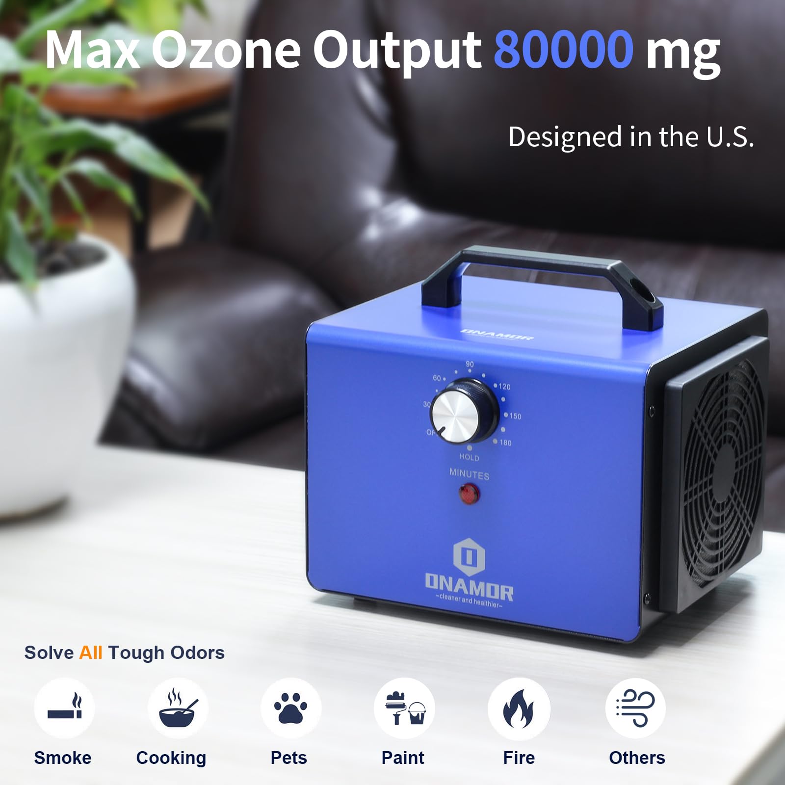 ONAMOR Ozone Generator 80000mg, Ozone Machine Odor Removal, Ozone Ionizer Deodorizer, High Efficiency Ozone Odor Eliminator for Home, Car, Smoke, Basement and Pet Room, Blue