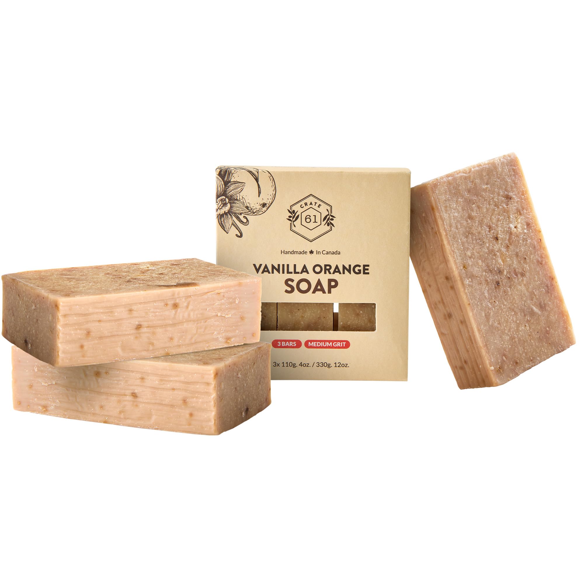 Crate 61 Vanilla Orange Soap 3 pack, 100% Vegan Cold Process, scented with premium essential oils, for men and women, face and body. ISO 9001 certified manufacturer